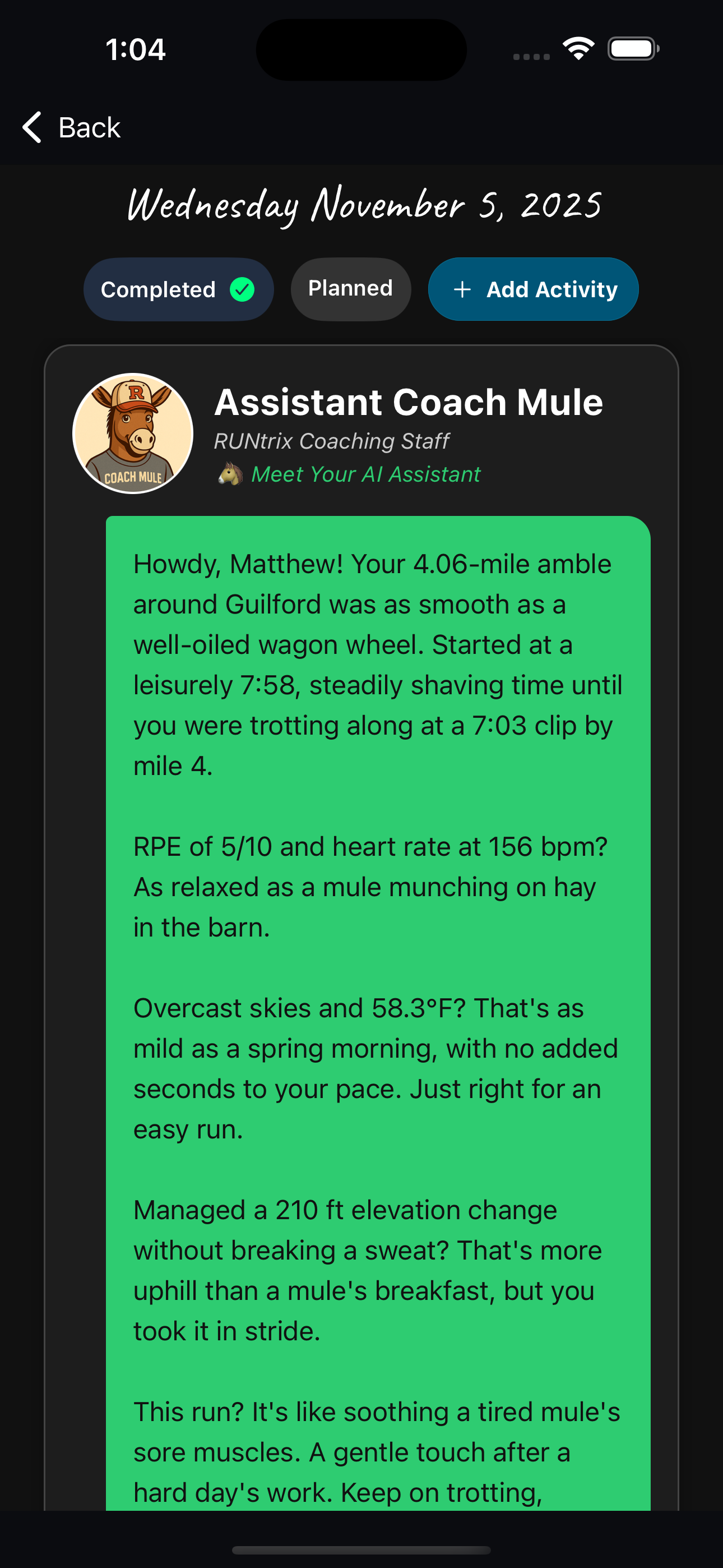 Coach Mule AI-generated run reflection example