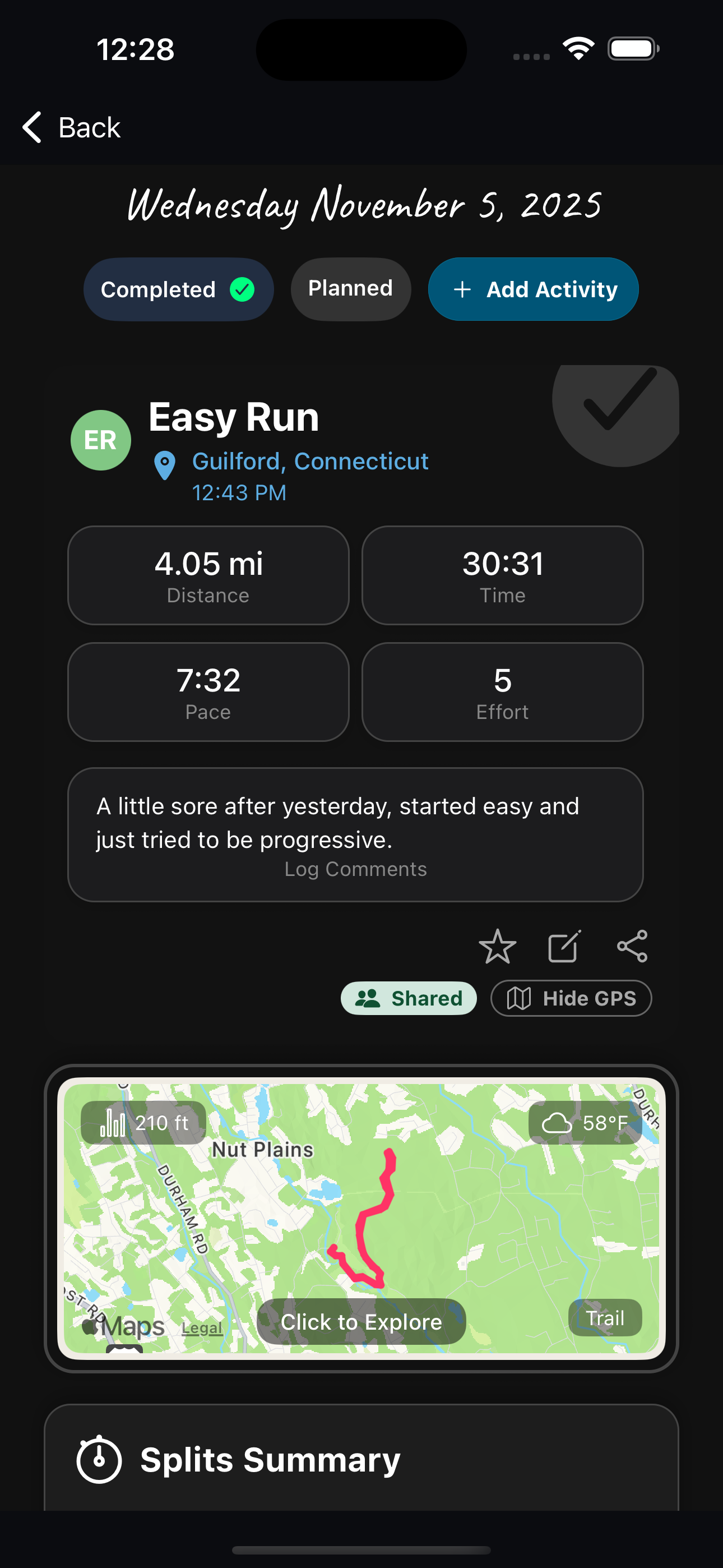 RUNtrix logged run detail screen