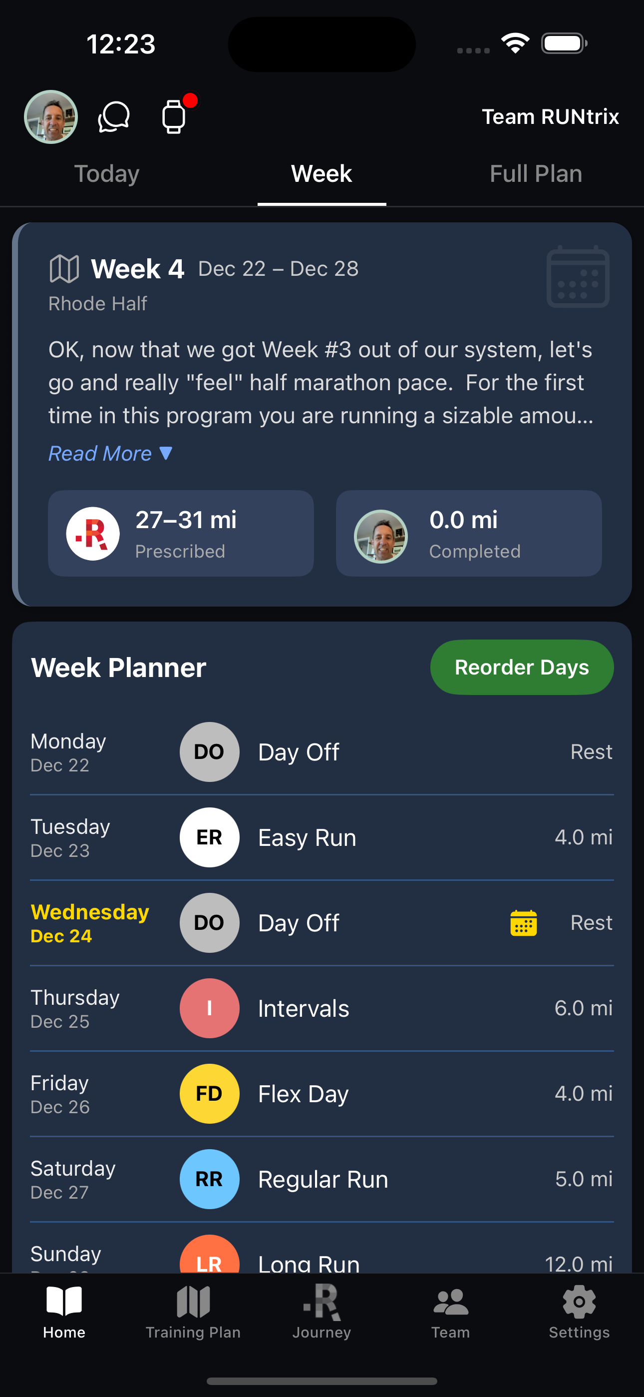 RUNtrix training plan week view