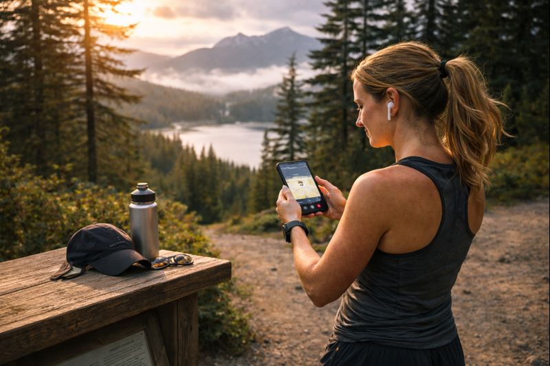 Runner at trailhead uploading run